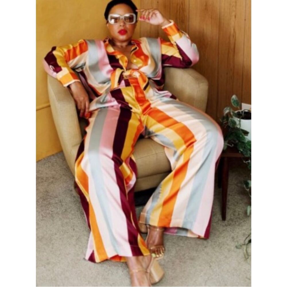 Fe Noel x target Multi-Color Vertical Strip Blouse and Wide Leg Pant Set - Picture 2 of 6